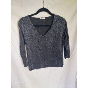 Metro 7 Women's Medium Black Sparkly Metallic L Sleeve V-Neck Knit Sweater